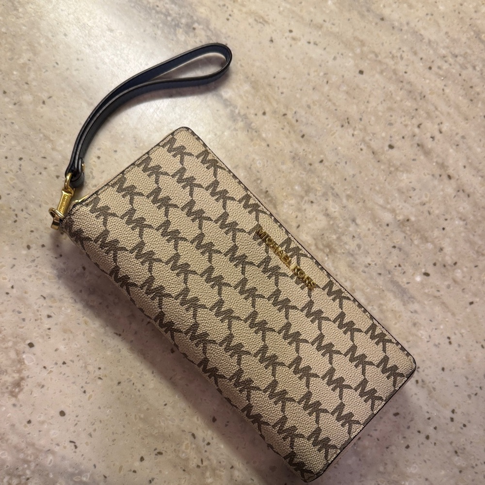 Michael Kors Tan and Black Monogram Wristlet
